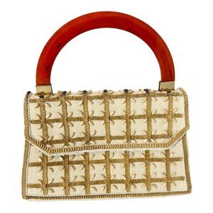 Triminghams Vintage 1960’s Cream Woven Wood Beaded Lucite Acrylic Handle Clutch